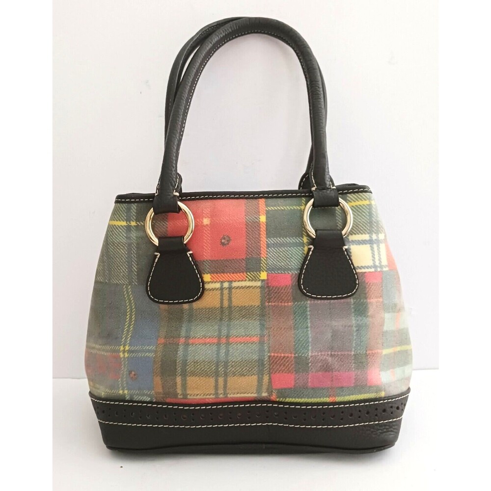 VTG Dooney & Bourke Madras Plaid Ladybug Satchel Top Handle Bag Blk Pebbled Trim - Picture 3 of 13